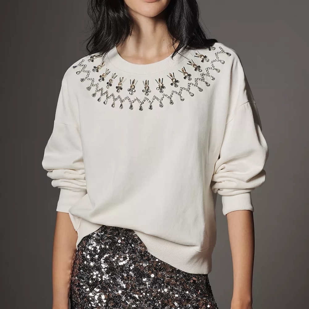Anthropologie Maeve Long-Sleeve Embellished Sweatshirt